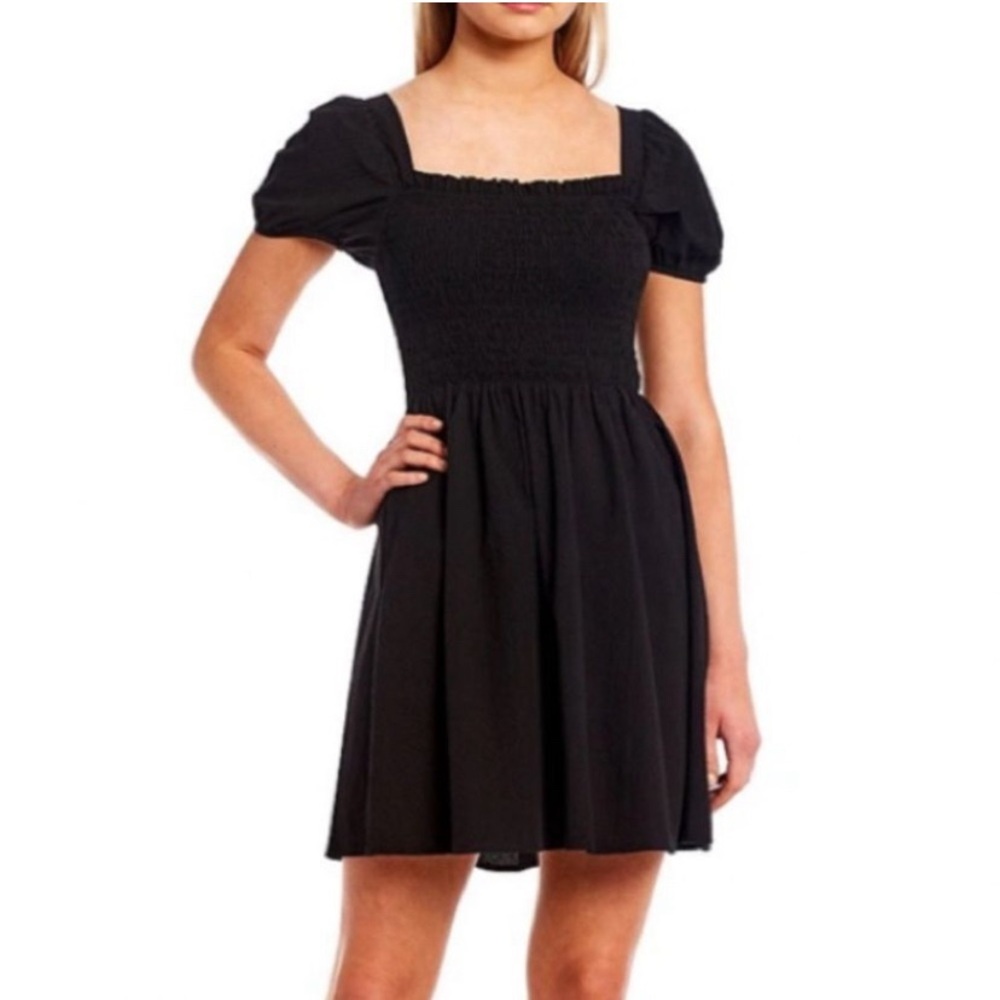 copper key textured puff sleeve smocked dress